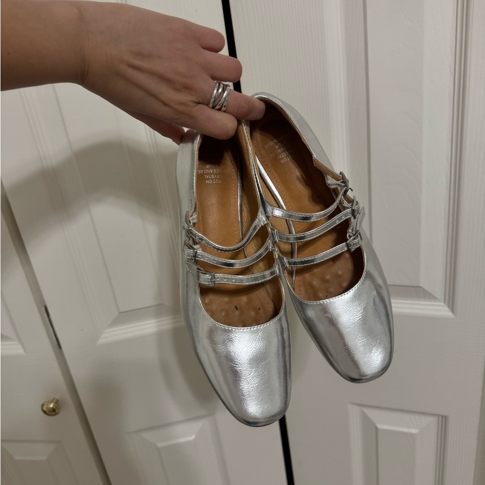Leather Silver Mary Jane Flats with Triple Straps